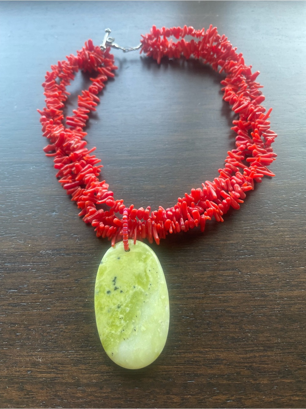 Vintage Red Coral Chip Necklace with Green Stone Pendant - Picture 4 of 4